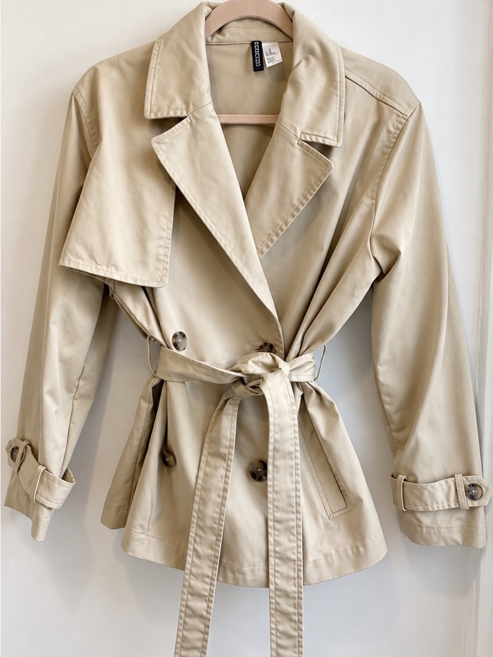 H&M Cream Double-Breasted Trench Coat with Tie Belt